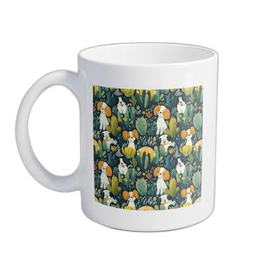 Imagem de Caneca Xícara de Café Porcelana 300ml Design Cão Brincalhão e Cactos