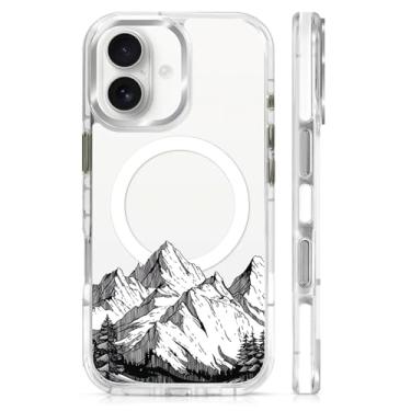 Imagem de CARLOCA Capa transparente para iPhone 17 compatível com Magsafe branca, proteção de silicone macio à prova de choque, carga magnética, padrão moderno, linhas simples, neve, montanhas rochosas