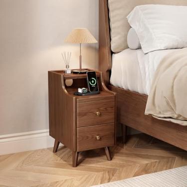 Imagem de Mesa de cabeceira estreita, mesa de cabeceira estreita de madeira maciça de nogueira para pequenos espaços, sala de estar, mesas de cabeceira finas modernas de meados do século com 2 gavetas, mesa de