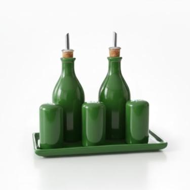 Imagem de Galheteiro Gourmet 6 Peças em Cerâmica Elegância e Organização para sua Mesa Posta,Bandeja e Bico Dosador – Porta Azeite, Vinagre, Sal,Pimenta e paliteiro (VERDE ESCURO)
