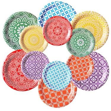 Imagem de Yungyan 144 peças de pratos de papel geométricos coloridos descartáveis de verão pratos de bolo de sobremesa 18 cm e 23 cm, suprimentos de festa coloridos multicoloridos para aniversário, chá de bebê