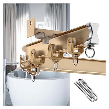 Imagem de Trilho de cortina de teto, trilho de cortina, suporte de teto/montagem na parede, varão de cortina de chuveiro, trilho de cortina de banheiro dourado com ganchos e acessórios de instalação (montagem