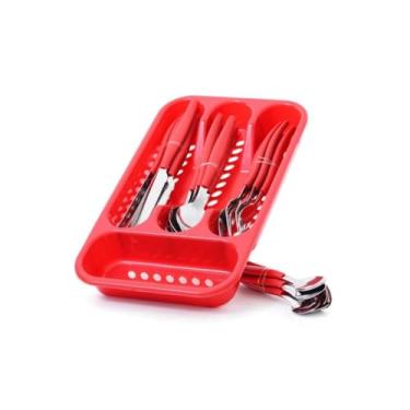 Imagem de 25 Peças Jogo De Talheres Inox Conjunto Faqueiro Com Porta Garfos Colheres E Facas (VERMELHO)