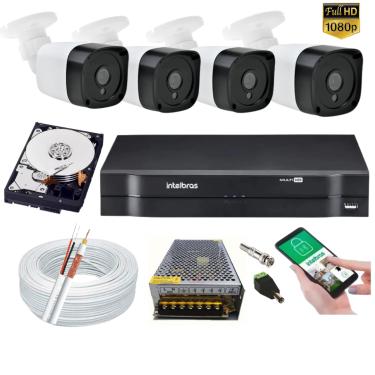 Imagem de Kit 4 Câmeras Segurança Residencial Full Hd 1080p 2MP Bullet 20m  Dvr Intelbras 4 canais+Acessorios