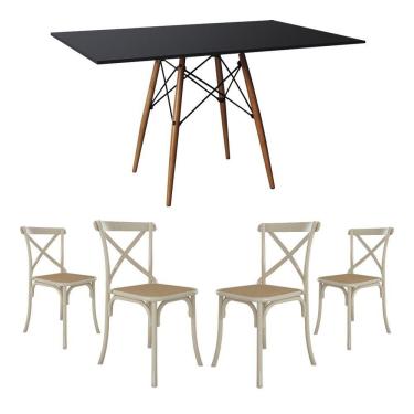 Imagem de Conjunto De Mesa Eiffel Retangular Tampo De Madeira 120X75Cm Preto Com 4 Cadeiras Katrina Off White
