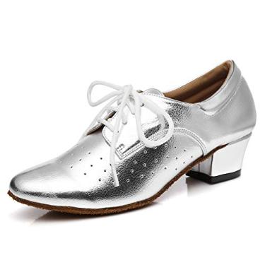 Imagem de Sapato feminino de dança latino para prática de salão de dança floral malha com cadarço salto baixo tango salsa vestido de festa, Prata - salto de 4 cm (1,77 polegadas) - m291, 10