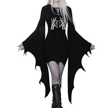 Imagem de Vestido gótico feminino de manga comprida com estampa de Dia das Bruxas Vestidos de verão, Branco, Large