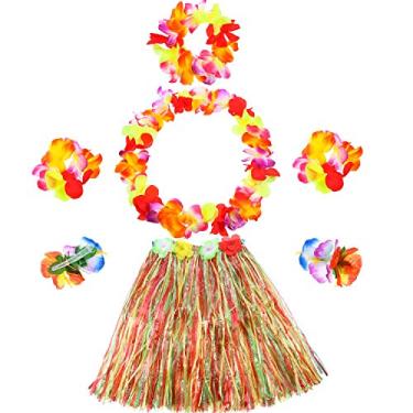 Imagem de Gejoy 7 peças de saia havaiana de grama de luau hula com flor grande, conjunto de pulseiras de flores para meninas, faixa de cabeça, colar de hibisco, grampo de cabelo para dança, apresentações,