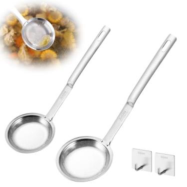 Imagem de Cxqbsmy Escorredor de aço inoxidável de malha fina, 2 peças de telas de filtro de cozinha de alimentos, prático 304 multifuncional de metal com cabo longo, malha fina para desnatar gordura e espuma