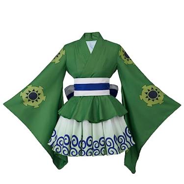 Imagem de iSHOWcos Fantasia cosplay Roronoa de anime Roronoa Kimono vestido feminino meninas Lolita traje de Halloween com cinto, Verde, M
