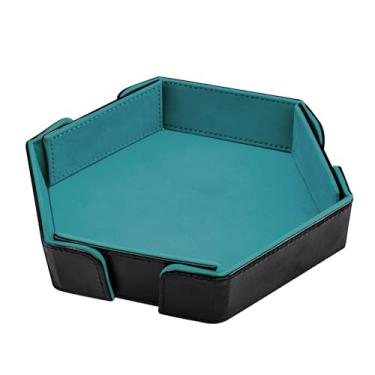 Imagem de SIQUK Bandeja magnética dobrável para dados, hexagonal, bandeja de dados de couro PU, suporte dobrável para dados, caixa de armazenamento para jogos de dados RPG D&D, ciano
