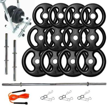 Imagem de Kit Anilhas Ferro Fundido 40 Kg+ 3 Barras + Corda + Suporte - SEPO