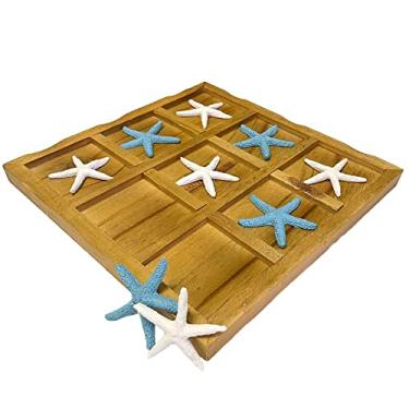 Imagem de Jogo de tabuleiro Tic-Tac-Toe de mesa | Jogo de tabuleiro de madeira de 22,86 cm x 22,86 cm | Perfeito para decoração de praia | eBook náutico gratuito da Joseph Rains (estrela do mar azul e branca)