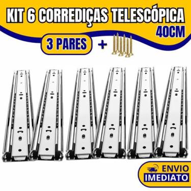 Imagem de Kit 6 Corrediça Telescópica Light 40cm Zincada H35 Trilha Para Gaveta 