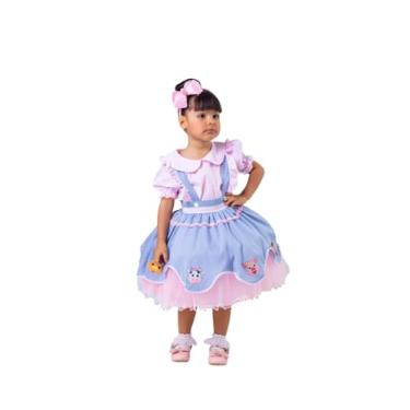 Imagem de Vestido Infantil Fazendinha Luxo, Azul e Rosa, Manga Bufante, Cetim e Tule, Decorado com Animais da Fazenda (BR, Idade, 8 Anos)