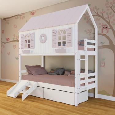 Imagem de Beliche Casinha Bela com Coração 2 Gavetas Kit Escada/Escorregador - Madeira Maciça Branco/Rosa | Megamobilia