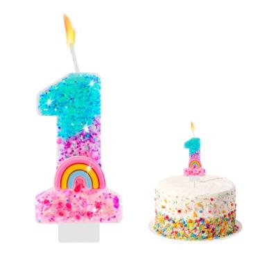 Imagem de Velas com números de aniversário arco-íris para bolos, números de lantejoulas, 1 vela, enfeite de bolo, decorações de cupcake, suprimentos de festa com tema de arco-íris colorido, presentes de