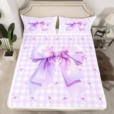 Imagem de Jogo de cama solteiro solteiro com laço roxo, laço borboleta nó princesa, decoração de quarto de meninas e meninos, lençol de cama branco chique quadriculado, xadrez geométrico, 1 fronha (sem plana)