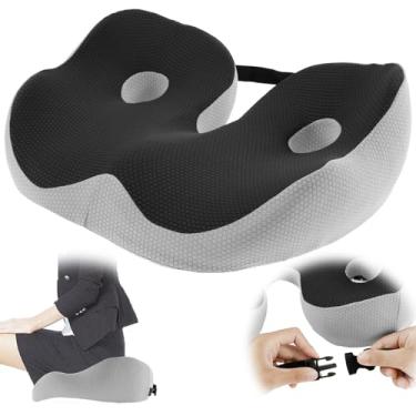 Imagem de LCZNXJJY Almofada de assento de espuma viscoelástica para cadeiras de escritório, almofada ergonômica com fivela ajustável, almofada para alívio da dor no cóccix, almofada antiderrapante para