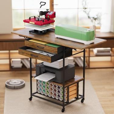 Imagem de VENNQD Suporte de mesa dobrável para prensa térmica, carrinho móvel para máquina de transferência de calor com 2 gavetas de armazenamento compatível com suporte de rolo de vinil Cricut DIY para mesa