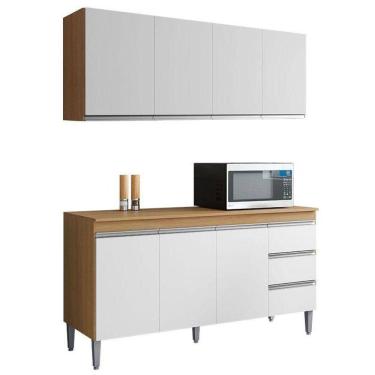 Imagem de Balcão De Cozinha Com Tampo 160cm E Armário Aéreo Andreia Amêndoa Branco - Ajl