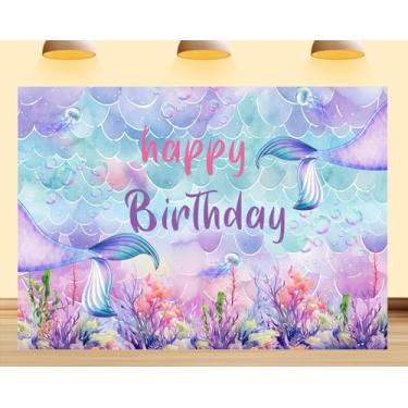 Imagem de Pano de fundo de sereia de 1,8 m x 1,5 m, fundo fotográfico de feliz aniversário, cauda de peixe, castelo com glitter, decoração de sereia, cenário sob o mar, para princesas, meninas, chá de bebê
