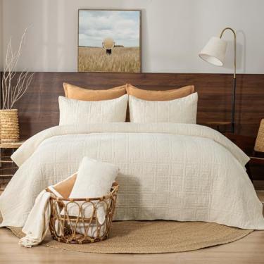 Imagem de PHF Conjunto de colcha de waffle 100% algodão lavado em pedra tamanho king (269 x 228 cm) – 3 peças de colcha acolchoada leve de diamante para todas as estações, colcha vintage macia para decoração de