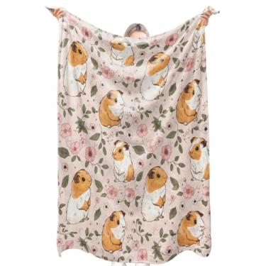 Imagem de zbezbe Cobertor de flanela floral de porquinho-da-índia bonito estilo de desenho animado com flores e folhas de fundo rosa, cobertores leves 152 x 127 cm, estampa de um lado para sofá, sofá, cama