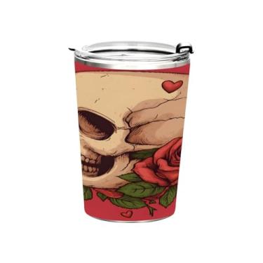 Imagem de STAYTOP Copo de aço inoxidável com caveira rosa, 368 g, copo de café isolado com tampa e canudo, caneca de café de viagem de parede dupla para bebidas quentes e frias