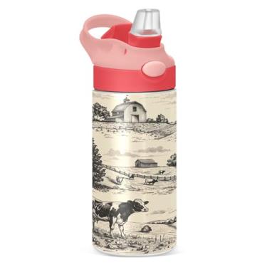 Imagem de xigua Garrafa de água infantil Farm Cows com canudo – Copo de aço inoxidável à prova de vazamento de 340 g para esportes, creche
