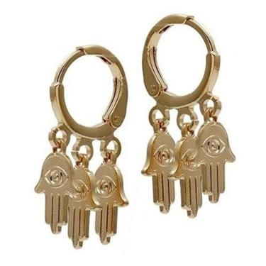 Imagem de Brinco Argola Pingente Mão De Fátima Hasma Folheado Ouro 18K