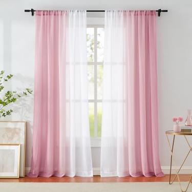 Imagem de Cortinas translúcidas ombré rosa de 224 cm de comprimento para decoração de sala de estar e quarto, painéis de cortina semitransparentes enrugados gradientes para quarto de meninas, cortinas de janela
