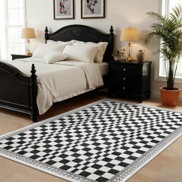 Imagem de GarveeHome Tapete lavável 10 x 15 cm para berçário, tapete quadriculado moderno, preto e branco, tapetes antiderrapantes para quarto de crianças, sala de aula, tapete abstrato contemporâneo para sala