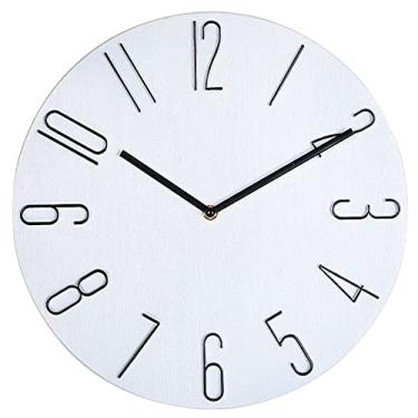 Imagem de Relógio de parede elegante ponteiro de segundos contínuo silencioso relógio de parede estilo escandinavo simples moderno sem moldura interior relógio de parede sem rádio número 3D número 3D relógio de parede de grão de madeira decoração de quarto diâmetro de presente 30cm (branco)