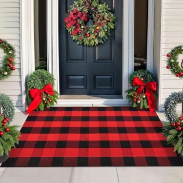 Imagem de KILOCOCO Tapete xadrez de búfalo 9,5 x 1,5 m, tapetes vermelhos e pretos para o dia das bruxas/ação de graças Tapete de xadrez lavável em camadas tapete de porta da frente para varanda/fazenda/entrada/pátio decoração de Natal tapete de outono