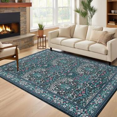 Imagem de GarveeHome Tapete floral 12 x 18 cm, antiderrapante, boho, para banheiro, macio, pequeno, lavável, tapete para porta interna, tapetes botânicos para sala de estar, quarto, azul escuro