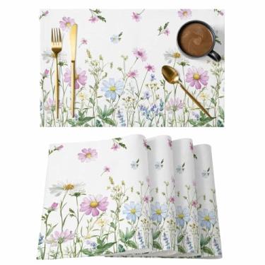 Imagem de Jogo americano de primavera, conjunto de 4, tapetes de mesa antiderrapantes à prova de calor, plantas de jardim, flores, laváveis, limpáveis, jogo americano de linho para cozinha, sala de jantar
