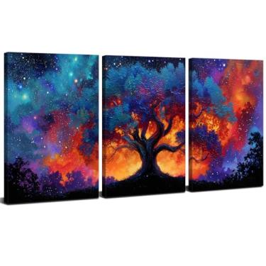 Imagem de Arte de parede em tela árvore da vida para sala de estar azul abstrato árvore arte de parede colorida noite estrelada imagens vibrantes texturizadas impressões pinturas arte moderna para quarto