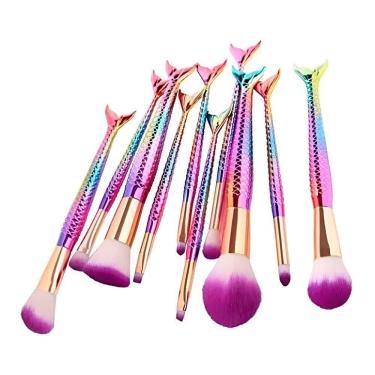 Imagem de Kit 10 Pincéis Maquiagem Coloridos Calda Sereia Macio