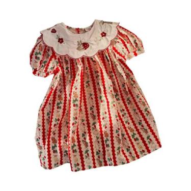Imagem de Vestido Infantil Com Estampa De Morango E Coelho Em Listras Vermelhas 