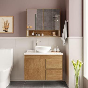 Imagem de Conjunto Gabinete para Banheiro com Espelheira 80cm SEM PIA Travertino