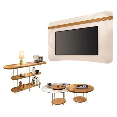 Imagem de Painel Suspenso Armony Off White Cinamomo com Kit Mesa de Centro Sky e Aparador Infinity Cinamomo - HB Móveis