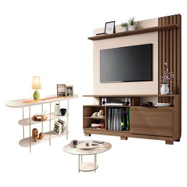 Imagem de Estante Home Theater Artheo com Mesa de Centro Sky com tampo de vidro e Aparador Infinity Castanho Off White - Hb Móveis