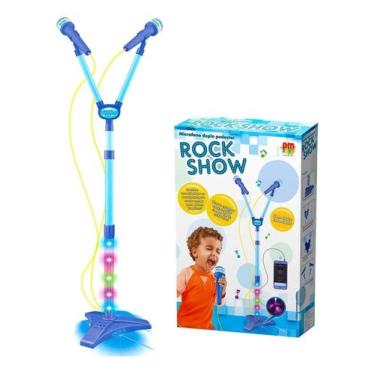 Imagem de Microfone Infantil Musical Duplo C Luz Na Base Infantil Azul - Dm Toys