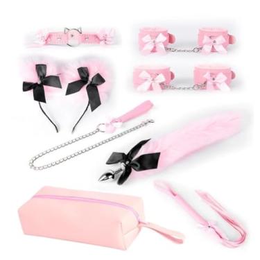 Imagem de Kit para Casais, Algemas Chicote, Gola Pescoço, Brinquedos Sexuais, Jogos para Adultos, Incluir Saco, 8 Peças (Rosa)