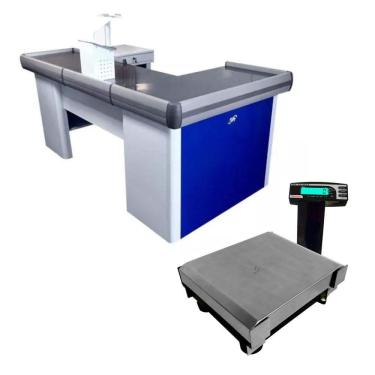 Imagem de Caixa Supermercado Empacotador Azul 2m Check Out e Balança Bivolt 30kg Urano