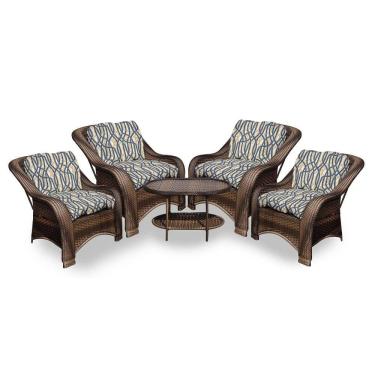 Imagem de Conjunto de Poltronas Fibra Sintética Bruxelas - 4 Poltronas + 1 Mesa Centro - Tecido Corda Náutica