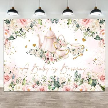 Imagem de ASDCXZ Pano de fundo de chá de bebê de 2,7 x 1,8 m A Baby is Brewing fundo fotográfico branco floral rosa bule de chá tema de festa de chá decorações flor rosa folha verde glitter dourado coração