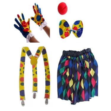 Imagem de Fantasia De Palhaça C/Saia 40 Cm Suspensório Colorido Gravata Borboleta Par de Luvas e Nariz Espuma 5pçs