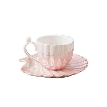 Imagem de Caneca de café de cerâmica Xícaras de café com concha pérola e pires 3D cerâmica canecas chá garrafa água para da manhã para meninas brithday natal(Pink)